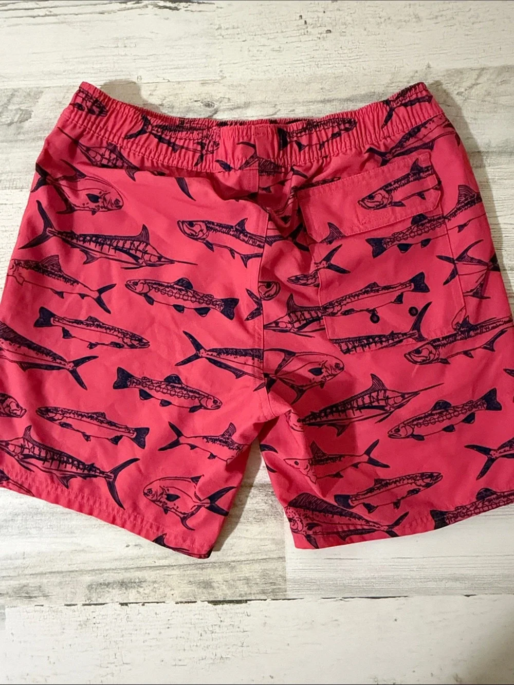 Vineyard Vines Coral Swim Trunks with Navy Fish Print